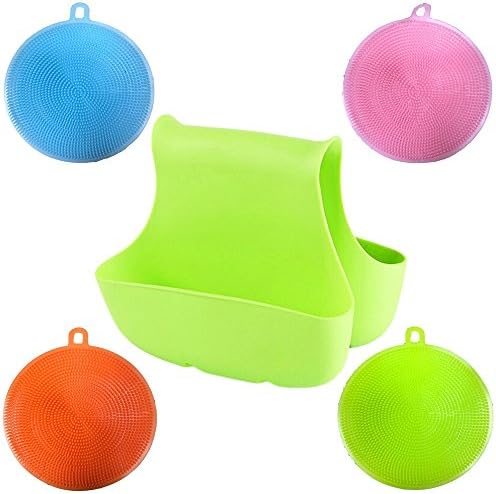 Antibacterial kitchen sponge/Food-Grade Silicone Dishwahing,Non Stick Dish Scrubber for Dish, Fruit and Vegetable Brush with a silicone sink caddy,Pack of 4,4 mix color(blue,pink,orange,green) (green)