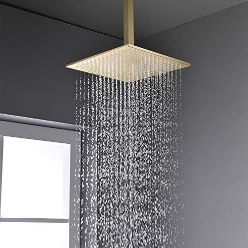 Brushed Nickel Gold Brass Shower System with Body Spray, Thermostatic 12inch Ceiling Rain Shower Heads Bathroom Faucet Mixer Set (Allows Multiple Heads to Function At a Time)