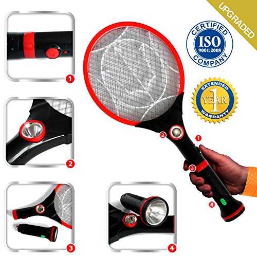 Electric - Bug Zapper racket rechargeable - Ideal as Fly Insect Swatter.A splendid executioner for flies, spiders, wasps.LED Light to Attract Mosquitoes.Detachable Flash Light.Great for the Gift! Electric - Bug Zapper racket rechargeable - Ideal as Fly Insect Swatter.A splendid executioner for flies, spiders, wasps.LED Light to Attract Mosquitoes.Detachable Flash Light.Great for the Gift!