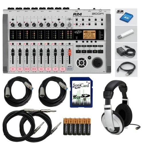 Zoom R24 Multitrack Recorder/Interface/Controller/Sampler Bundle with Headphones, 10-Foot Instrument Cable, 16GB SD Card, 6 AA Batteries, and XLR Cable