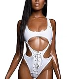 Bikini Factory Women One Piece High Cut Out Bandage Monokini Swimsuit (S, White)