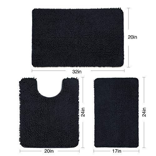 Phrixus 3 Piece Black Bathroom Rugs and Mats Sets, Ultra Soft Absorbent Chenille Bath Mat and U-Shaped Toilet Rugs with Non Slip TPR Bottom, Machine Washable Rug for Bathroom Tub, Shower