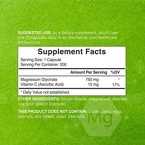 Magnesium Glycinate 750mg Plus Vitamin C, 21 Formula, 200 Capsules 100 Chelated Supports