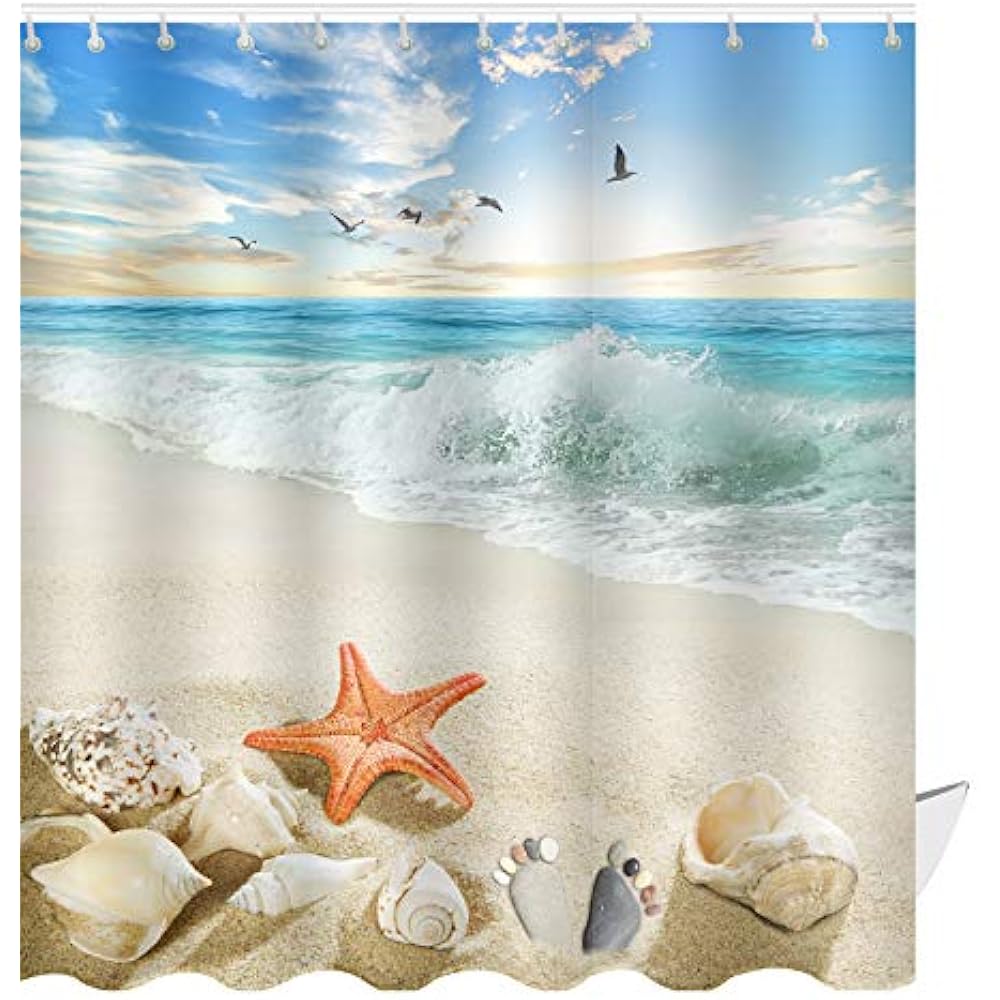 Abxinyoule Starfish Beach Theme Shower Curtain Seashell Conch