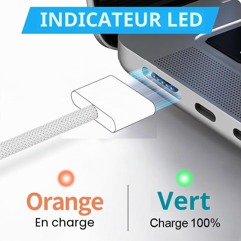 Mac Book Air Pro Charger, 70W USB-C to Magnetic 3 Charger M5/M4/M3/M2 with MacBook Air 13/15 Inch (2022-2026), MacBook Pro 14/16 Inch (2021-2026), Comes with 2M Braided Cable | Compatible avec MacBook Air 13/15 pouces (2022–2026), MacBook Pro 14/16 pouces (2021–2026) avec câble tressé de 2 mètres