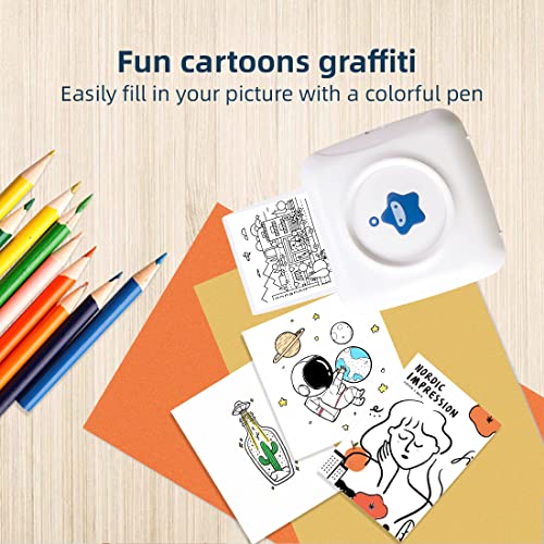 Portable Thermal Printer, Mini Bluetooth Mobile Printer Compatible with Android & iOS, 300DPI Wireless Pocket Picture Printer for iPhone Working Listing, Notes, Journal, Travel (White-Blue, TP2)