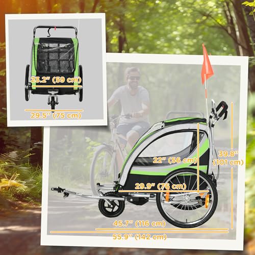 Aosom 2 Seat Bike Trailer for Kids 2-in-1 Double Baby Stroller with Handbrake, Rubber Wheels, 5 Point Harness, Waterproof Cover, Storage Bag, Reflectors