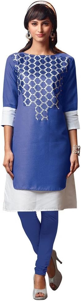 Suchi Women's Blue & White Embroidered Poly Linen Casual Wear Kurti