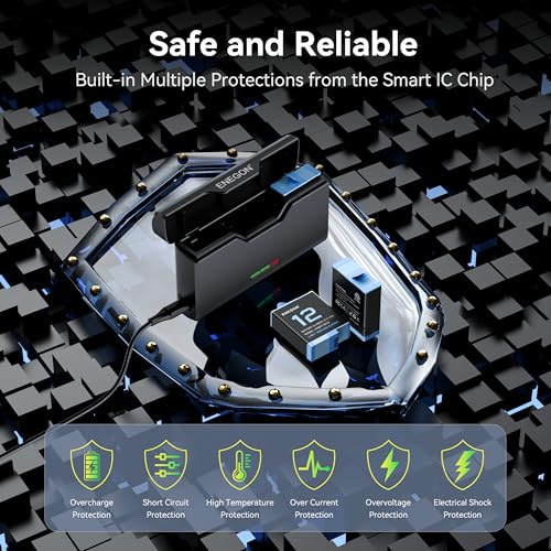 ENEGON Battery for Gopro Hero 12 11 10 9(1800 mAh 3-Pack) and Triple USB LCD Battery Chargers with SD Card Storage Compatible with GoPro Hero 12/11/10/9 (3 x Batteries + 1 x Charger, Black)
