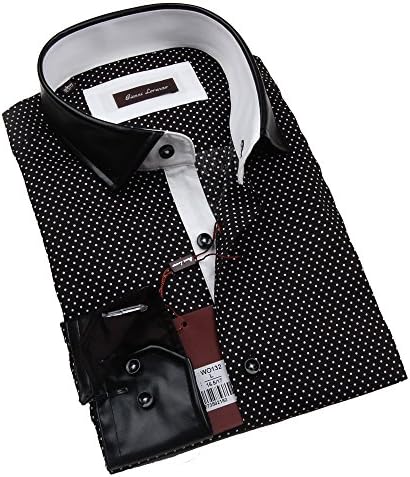 Giannia Lorenzo Mens Polka Dot Shirt with Black Faux Leather Collar and Cuff (Small)