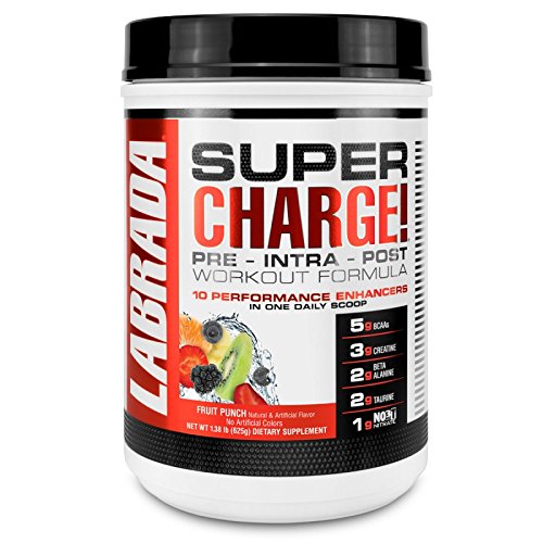 Labrada Nutrition Super Charge Preworkout Advanced Pump and Endurance Formula, Fruit Punch, 625 Gram