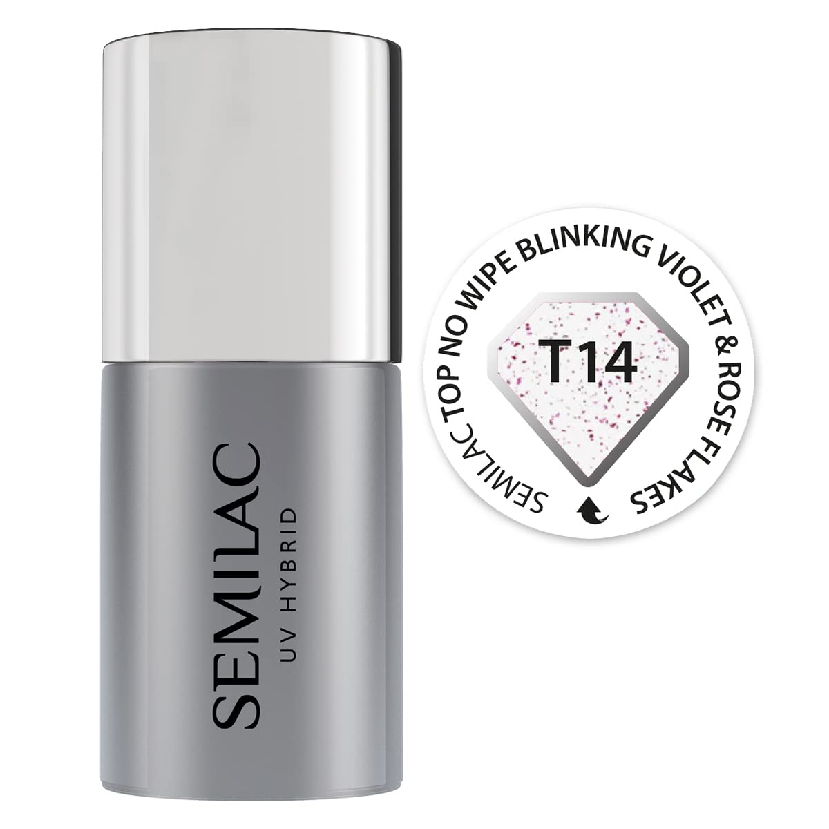 Semilac Top Coat No Wipe UV Gel Soak Off Gel Polish Salon Quality Manicure Effective Long Lasting Crack Resistant Easy to Apply Glitter finish Violet & Rose T14