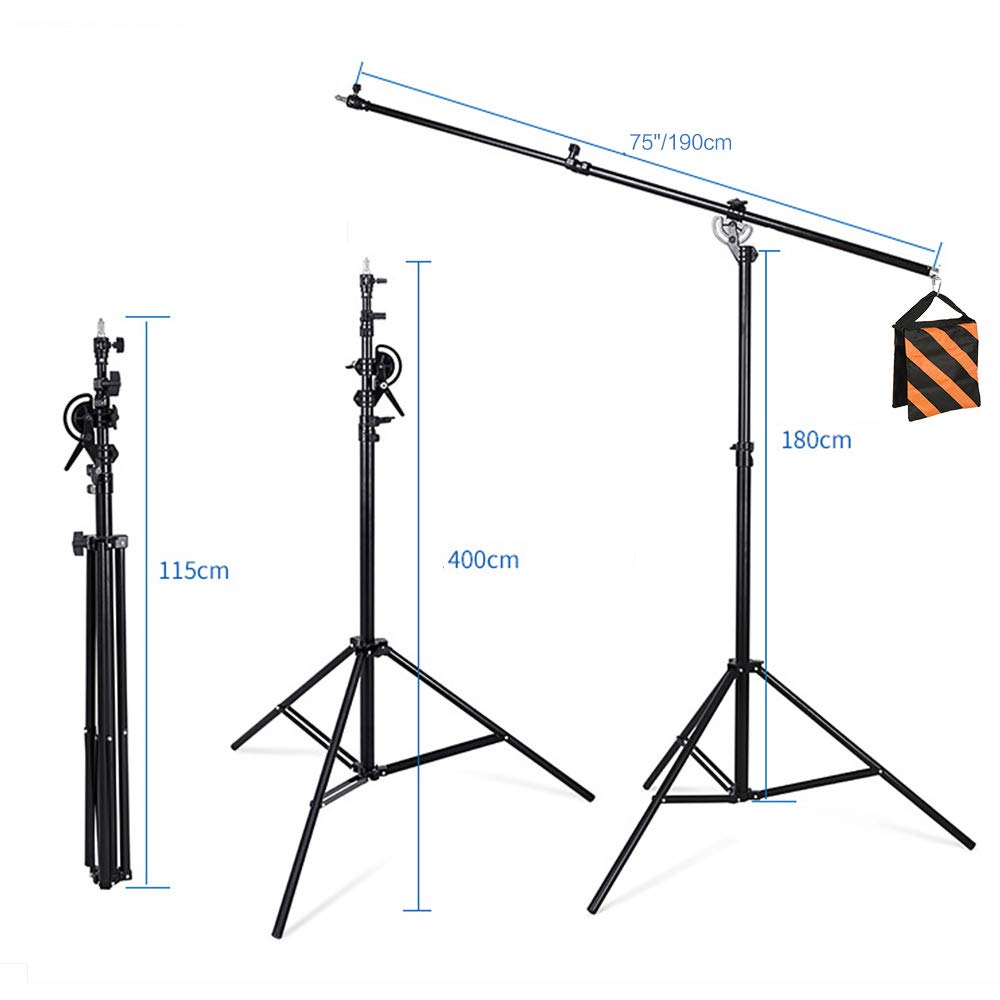 CONXTRUE Max 13.2ft/400cm Two Way Adjustable Photo Studio Light Stand with 6.2ft/190cm Boom Arm and Sandbag, Aluminum Alloy Rotable Tripod for Studio Outdoor Photography Portrait Video