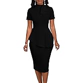 WanMem Women Formal Bodycon Peplum Cocktail Dress Short Sleeve Bow Ruffle Pencil Party Midi Dresses