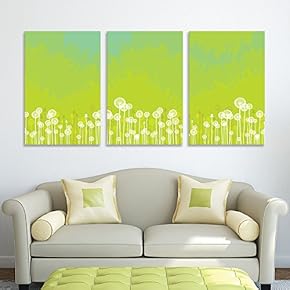 3 Panel White Dandelions on Green Background x 3 Panels