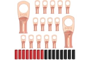JOYPXF 8Pcs 8 AWG 3/8" Stud and 8Pcs 8 AWG 5/16" Stud Heavy Duty Copper Wire Lugs with 16Pcs Heat Shrink Tubing 8 Gauge Ring Terminals 8 AWG Battery Cable Ends Bare Copper Eyelets