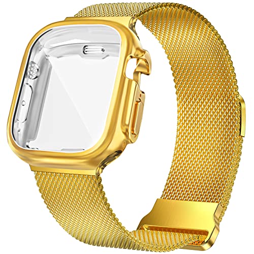 Geoumy Metal Magnetic Bands Compatible for Apple Watch Ultra 49mm with Case, Stainless Steel Milanese Mesh Loop Replacement Strap Compatible with iWatch Series Ultra 1 Ultra 2 for Women Men, Gold