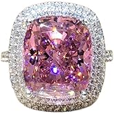 QUSIIOSLK 18K Gold Plated Princess Cut Pink Crystal Silver Ring with AAA White Cubic Zirconia Full Diamond Ring CZ Eternity Engagement Wedding Band Ring for Women Size 6-10