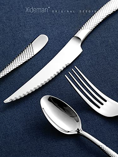 Xideman 24-piece hammered table cutlery with serrated knife 2 in 1 ultra sharp, 18/10 stainless steel cutlery set for 6 people, cutlery set knives, forks, spoons.