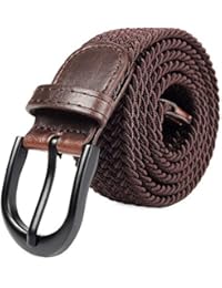 Braided Stretch Elastic Belt Pin Oval Solid Black Buckle Leather Loop End Tip Men/Women/Junior (Brown, Medium 32
