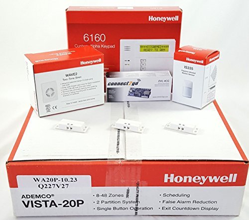 Honeywell Vista 20P Hardwired Self Monitoring Kit with a 6160 Keypad, One IS335 Motion Sensor, One EVL-4CG EnvisaLink, Three Mini 945T Contacts, and a Wave2 Siren