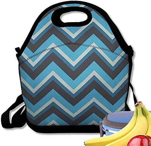 Zofmkgdji Neoprene Lunch Bag Tote Reusable Insulated Waterproof School Picnic Printed Abstract Elegant Zigzag Chevron Blue Colors