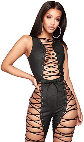 vnytop Women Sexy Punk Black Faux Leather Sleeveless Zipper Night Club Jumpsuit Catsuit
