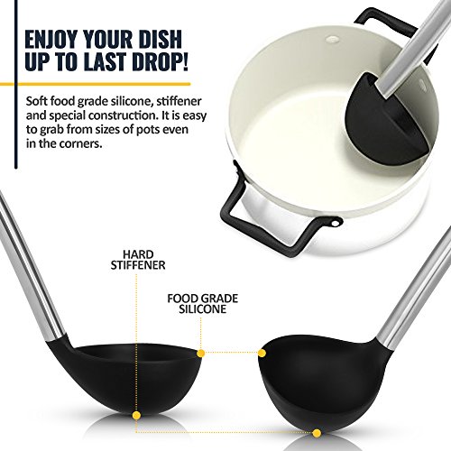 Silicone & Stainless Steel Black 4 Ounce Soup Ladle w/CoolGrip Handle & Flexedge Silicone by Cooler Kitchen (4 Oz)