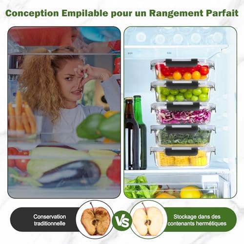 Lot de 5 récipients en verre avec couvercles, 1040 ml, épais et durables, empilables, hermétiques, sans BPA, pour micro-ondes, four, congélateur et lave-vaisselle, Noir