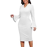 Church Dresses for Women Flare Sleeve V Neck Business Wear to Work Vintage Mid Pencil Formal Dress with Pocket