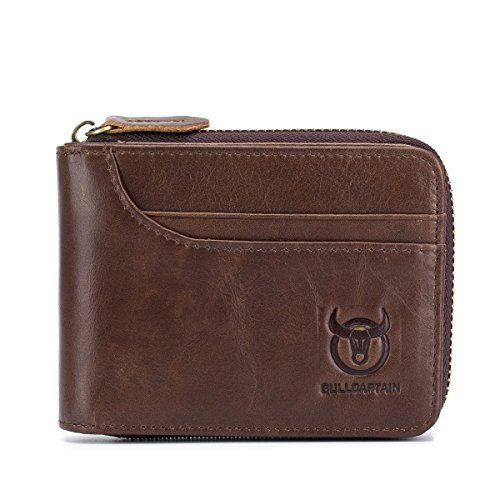 BULLCAPTAIN Leather Wallet Zipper Men Wallet, Mens RFID Antimagnetic Genuine Leather 11 Card Slots Wallet Coin Purse Wallet Credit Card Holder (Brown)