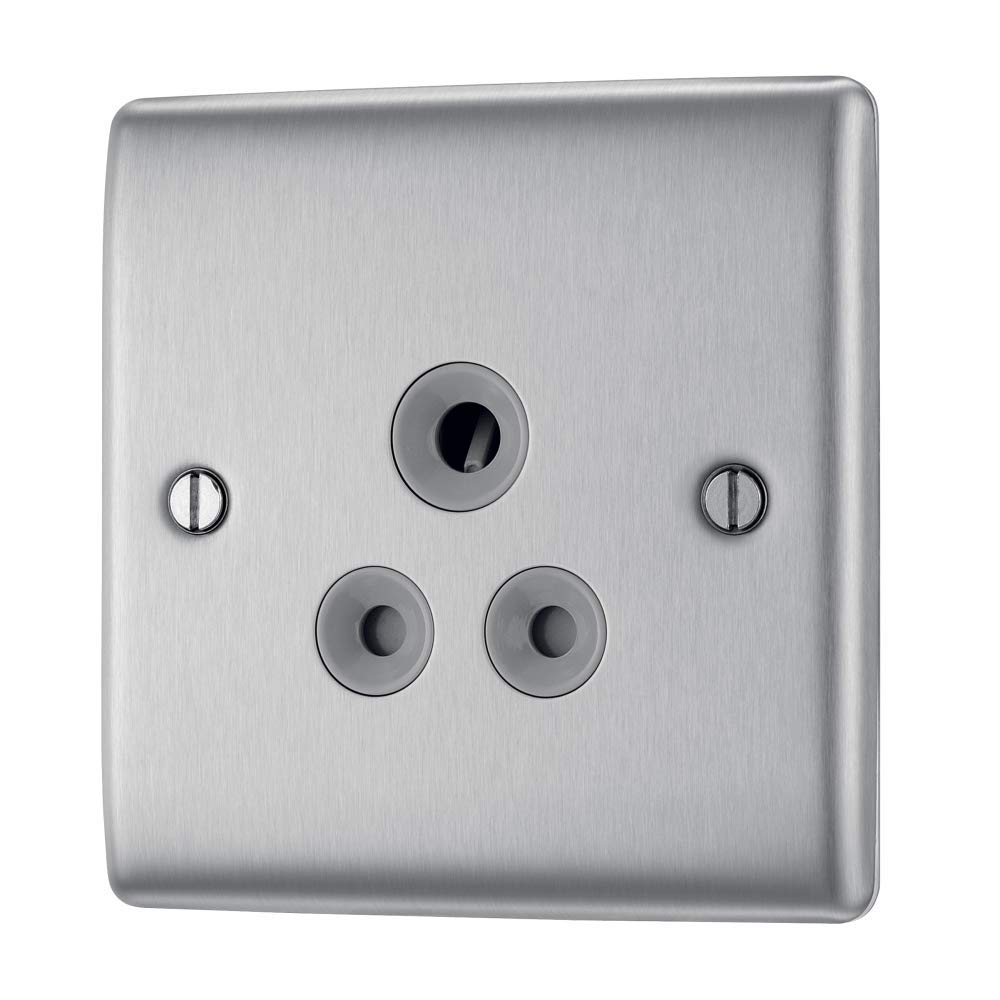 BG Electrical Nexus Metal Unswitched Socket with Three Round Pins, Brushed Steel with Grey Inserts, 5A