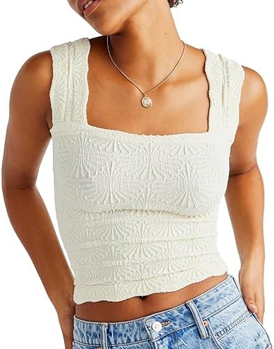 Womens Floral Jacquard Tank Tops Summer Square Neck Straps Crop
