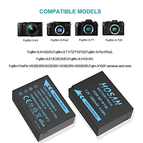 HOSAN NP-W126 NP-W126S Batterie de Rechange 1300mAh Lot de 2 avec Compatible pour Fujifilm NP-W126 NP-W126S Fujifilm X100F X-Pro1 X-Pro2 X-T1 X-T2 X-T3 X-T10 X-T20 X-T30 X-T100 - Image 3