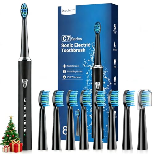 Spazzolino Elettrico Sonico per Adulti e Bambini - Spazzolino Elettrico con 8 Testine, 5 Modalità, Impermeabile IPX7, Spazzolini Elettrici ad Ultrasuoni per Famiglia e Viaggi, Nero Scuro