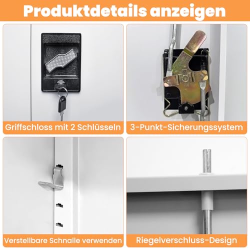 Frideko Filing Cabinet 90 x 40 x 185 cm - Metal Cabinet with 2 Doors and 2 Adjustable Shelves, Storage Cabinet with Lock for Home, Office and Warehouse, Light Grey