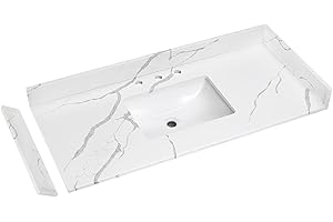 EQLOO 48 in.W x 22 in.D Quartz Calacatta River Vanity Top,with Undermount Single Middle Sink Vanity Top,with Two Sidesplash & One Backsplash,8 Inch Faucet Hole Spread Bathroom Vanity Sink Countertop