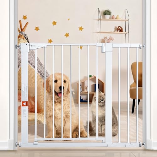 COMOMY Extendable Safety Barrier 75-103 cm, Child Safety Barrier with Automatic Closing System, 7 cm and 14 cm Extensions, White