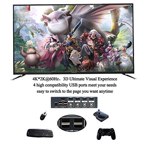 4 Port KVM Switch HDMI 2.0, Support Ultra HD 4k@60Hz, 3D, Hotkey Switch for Linux, Unix and Windows, 4 Input 1 Output with 4 USB Cables and HDMI Cables - Thumbnail 5