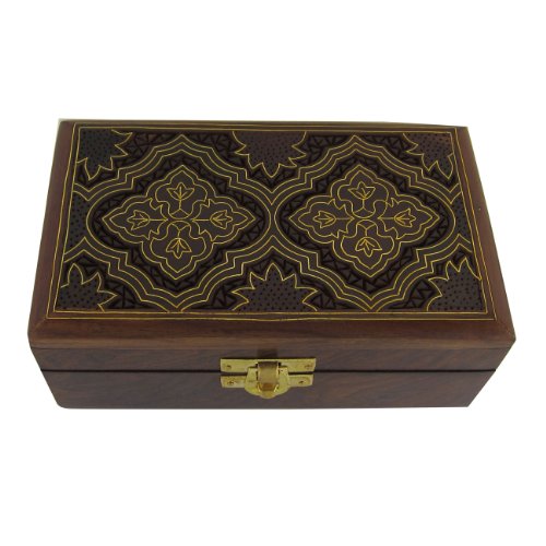 Wooden Jewelry Box Islamic Art Hand Craving and Inlay 6x3.3x2.25 Inches