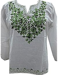 Mogul Womens White Top Floral Embroidery Boho Fashion Tunic M