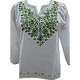Mogul Womens White Top Floral Embroidery Boho Fashion Tunic M