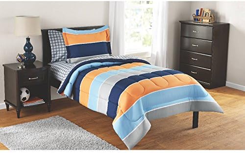 Mainstays Kids 5-Piece Bed in a Bag Coordinating Bedding Set, Twin (Blue, Orange and Gray Stripes)