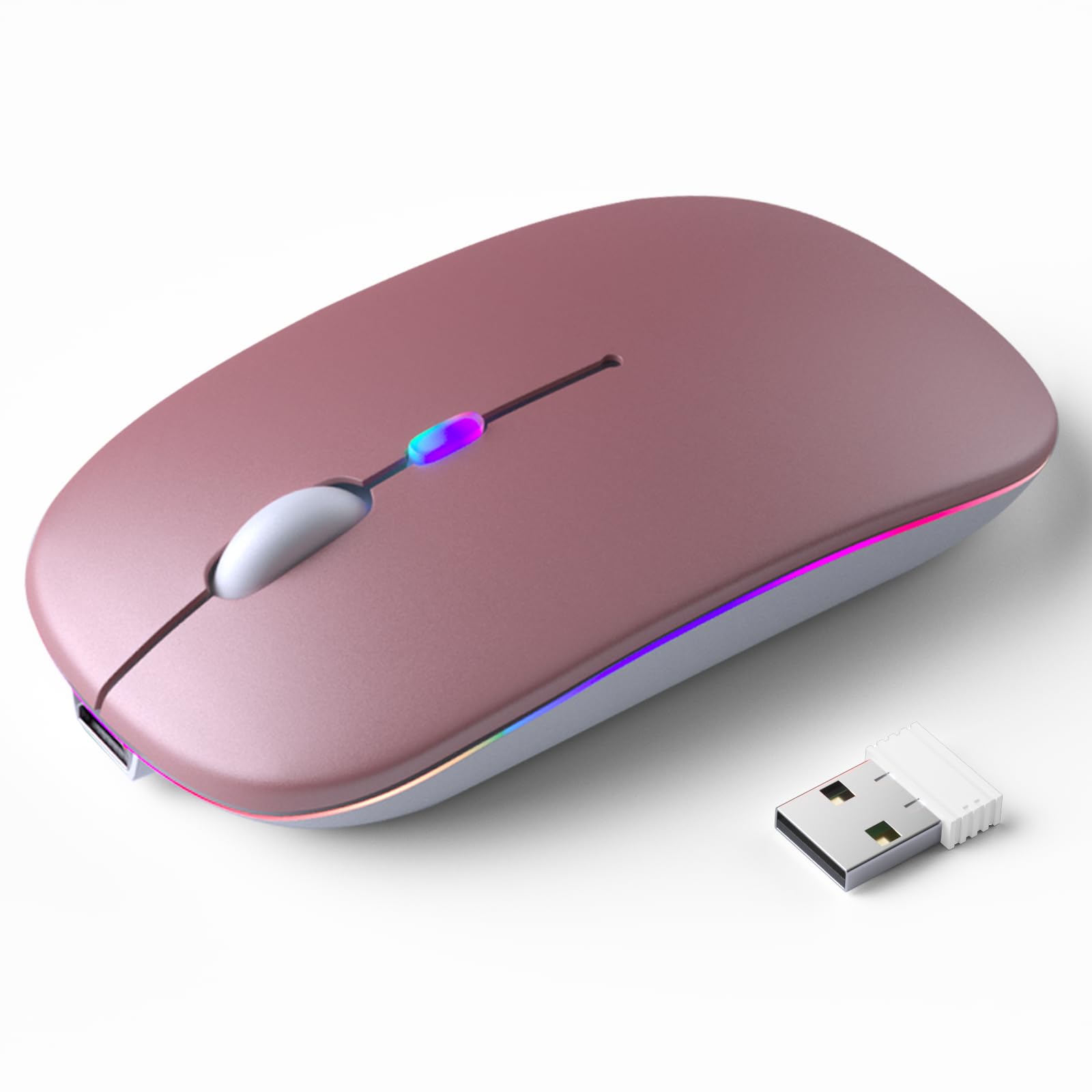 KANMABPC Wireless Bluetooth Mouse – Rechargeable, Silent, Dual Mode (Bluetooth 5.2 & USB) with LED Lights – Portable for Laptop, Desktop, & Tablet(Rose Gold)