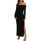 Relipop Women Off Shoulder Dress Long Sleeve Bodycon Mesh Ruched High Split Spring Formal Wedding Guest Maxi Dresses