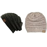 Trendy Warm Chunky Soft Stretch Cable Knit Slouchy Beanie Skully HAT20A (One Size, 2 PACK DARK OLIVE/BEIGE)