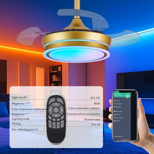 LumZeylith Ventilador de techo retráctil de 30 pulgadas con luz, RGB Modern Fandelier 6 velocidades, cuchillas reversibles, regulables, control remoto de aplicación, temporizador de memoria, dorado
