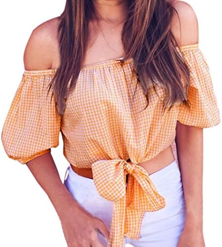 TAORE Women Casual Plaid Short Sleeve Shirt Sexy Off Shoulder Tops Blous (L, Orange)