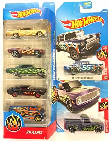 Hot Wheels HW FLAMES 5 Pack: '65 Chevy Impala , '69 Camaro , '66 Chevy Nova , '67 Shelby GT400 , Custom '77 Dodge Van &amp;BONUS: '55 Bel Air Gasser &amp; 69 CHEVY PICKUP