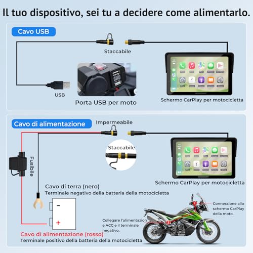 Wonsidary W722TPMS Schermo CarPlay Moto 7" Wireless con Android Auto Moto,TPMS,Display GPS Moto Impermeabile IP67,Audio Bluetooth Doppio,Controllo Vocale,EQ,Sensore di Luce,Alimentazione USB/ACC